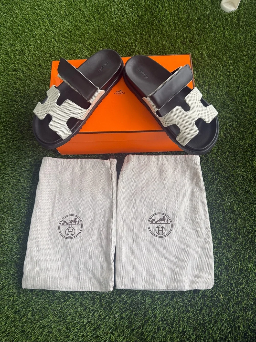 Hermes Men’s Oran Canvas & Leather Slide Sandals — White/Black